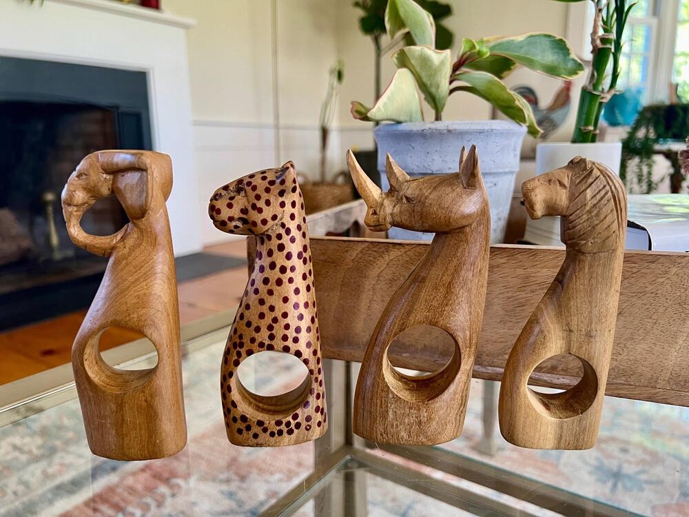 Vintage Hand Carved Wood African Animal Napkin Rings Kenya Set of 4
